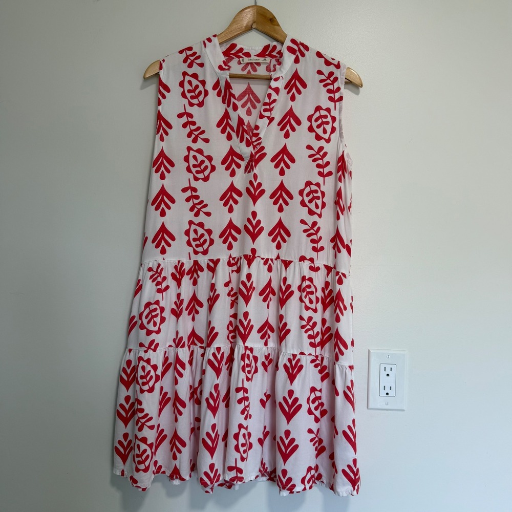 Salty Lemon Tiered Botanical Print Mini Dress Red White Womens Size Medium Boho